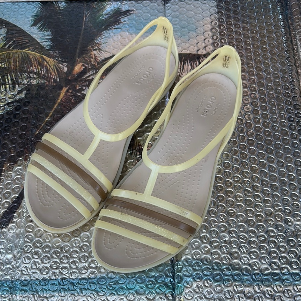 CROCS Women's Sandals with Yellow and Brown Straps